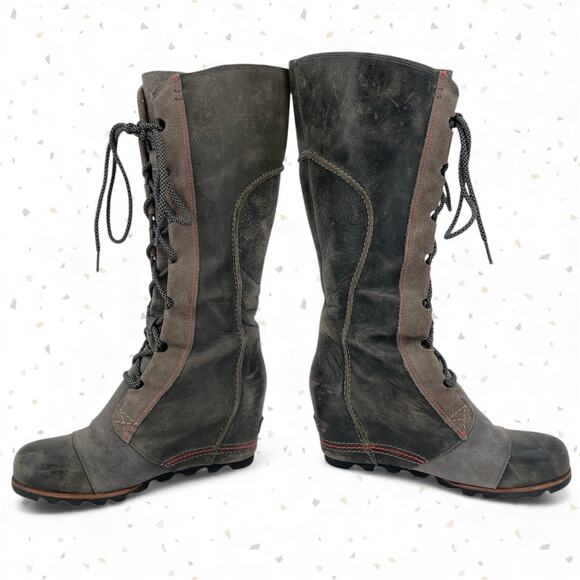 Sorel Cate The Great Wedge Charcoal Gray Tall Leather Suede Lace Up Boots Size 9 - Picture 3 of 14